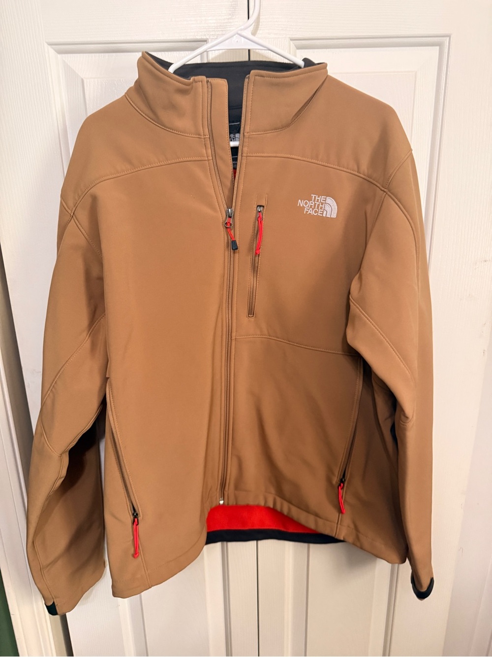 The North Face Tan Softshell Jacket with Red Trim